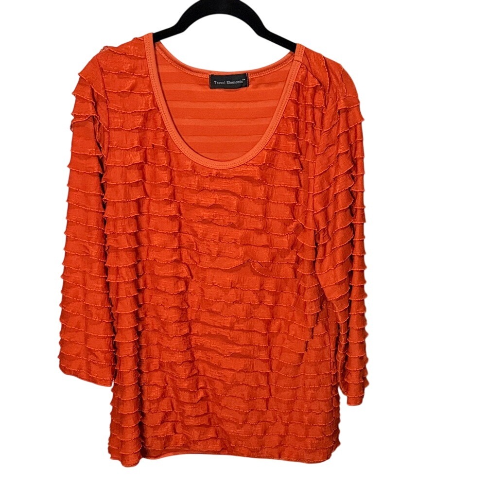 Travel Elements Orange Ruffled 3/4‎ Sleeve Blouse Top XL